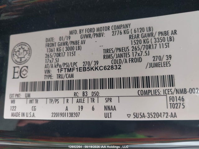 12682264 :رقم المزاد ، 1FTMF1EB5KKC62832 vin ، 2019 Ford F-150 Xl مزاد بيع