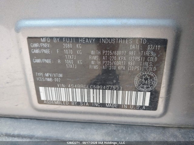 Aukcja sprzedaży 2011 Subaru Outback 2.5i Limited, vin: 4S4BRGLC5B3407533, numer aukcji: 12682271
