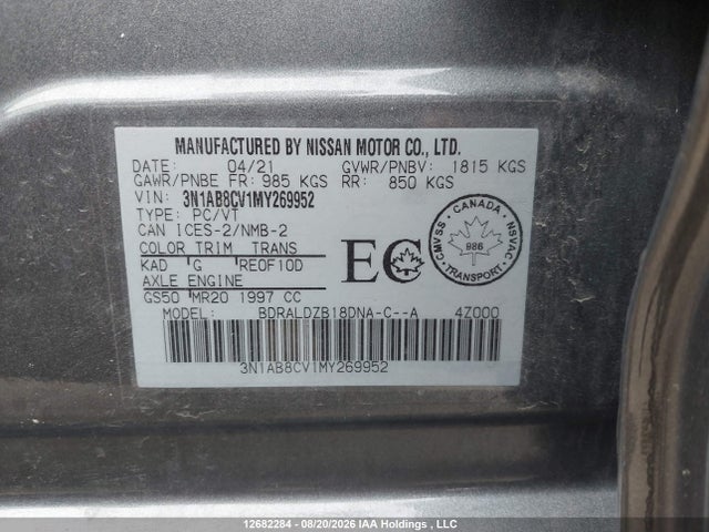 3N1AB8CV1MY269952 Nissan SENTRA SV