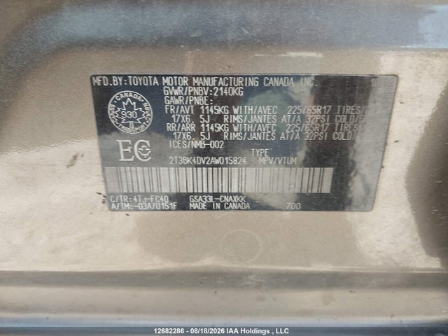 2010 Toyota Rav4 Base V6 მანქანა იყიდება აუქციონზე, vin: 2T3BK4DV2AW015824, აუქციონის ნომერი: 12682286