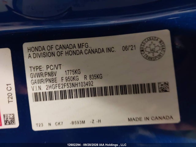 Продаж на аукціоні авто 2022 Honda Civic Sport, vin: 2HGFE2F53NH103492, номер лоту: 12682294