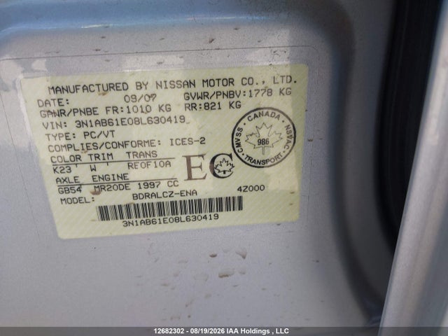 Auction sale of the 2008 Nissan Sentra 2.0, vin: 3N1AB61E08L630419, lot number: 12682302