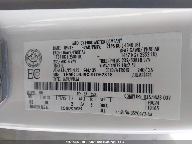 Ford Escape Titanium 2018 1FMCU9J9XJUD52818 Image 9