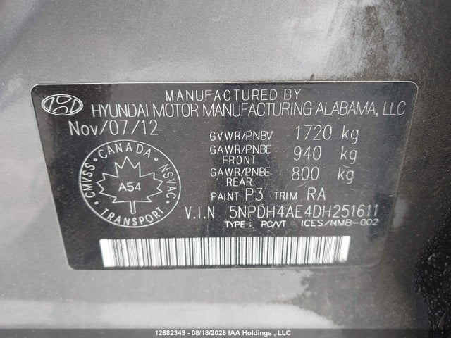 Auction sale of the 2013 Hyundai Elantra Gls, vin: 5NPDH4AE4DH251611, lot number: 12682349