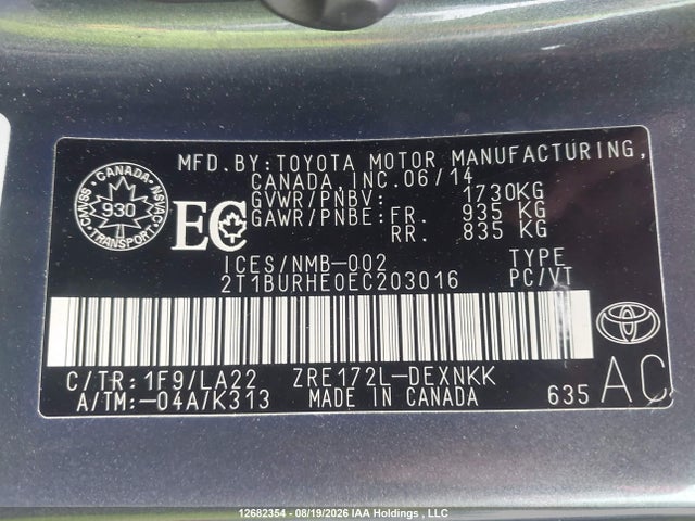 2014 Toyota Corolla Le მანქანა იყიდება აუქციონზე, vin: 2T1BURHE0EC203016, აუქციონის ნომერი: 12682354