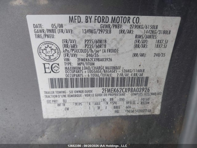 Продажа на аукционе авто 2009 Ford Flex Sel, vin: 2FMEK62CX9BA03926, номер лота: 12682356