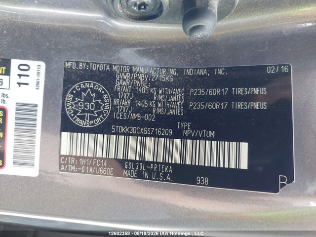 5TDKK3DCXGS716209 Toyota Sienna Le 8 Passenger