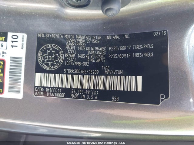 5TDKK3DCXGS716209 Toyota Sienna Le 8 Passenger
