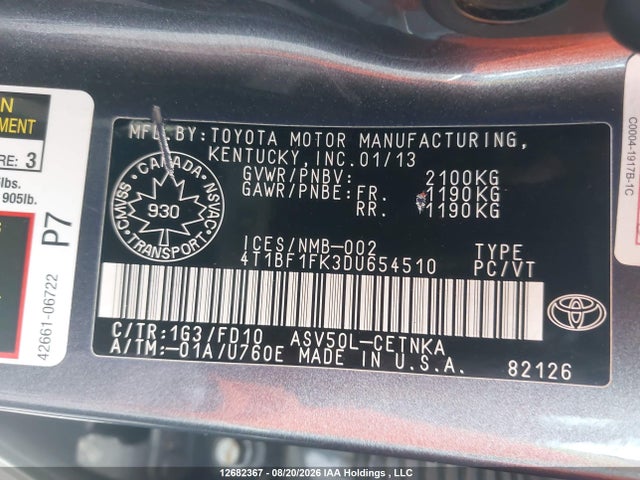 Продажа на аукционе авто 2013 Toyota Camry Le, vin: 4T1BF1FK3DU654510, номер лота: 12682367