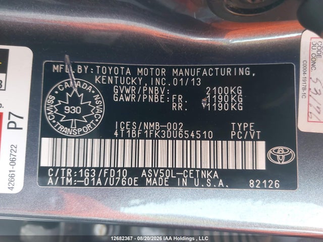 Продажа на аукционе авто 2013 Toyota Camry Le, vin: 4T1BF1FK3DU654510, номер лота: 12682367