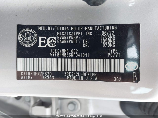 12682378 :رقم المزاد ، 5YFBPMBE6NP341811 vin ، 2022 Toyota Corolla Le/xle مزاد بيع