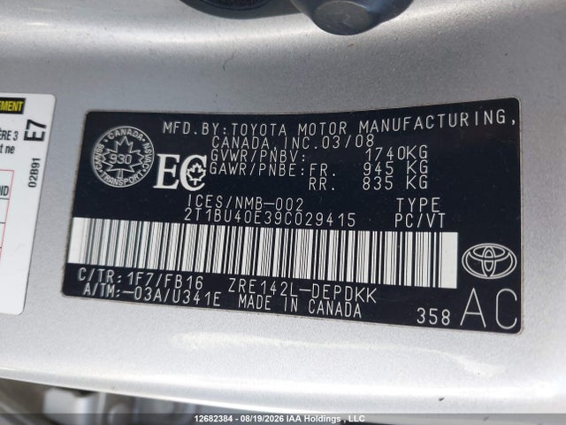 12682384 :رقم المزاد ، 2T1BU40E39C029415 vin ، 2009 Toyota Corolla Ce مزاد بيع