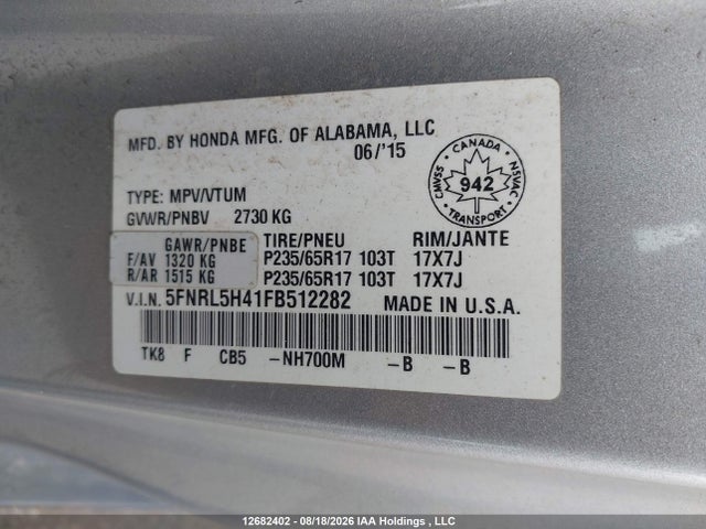 12682402 :رقم المزاد ، 5FNRL5H41FB512282 vin ، 2015 Honda Odyssey Ex مزاد بيع