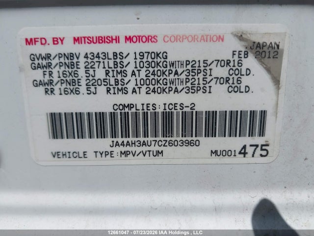 2012 Mitsubishi Rvr Es/se მანქანა იყიდება აუქციონზე, vin: JA4AH3AU7CZ603960, აუქციონის ნომერი: 12661047