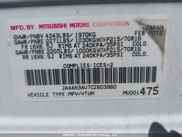 2012 Mitsubishi Rvr Es/se მანქანა იყიდება აუქციონზე, vin: JA4AH3AU7CZ603960, აუქციონის ნომერი: 12661047
