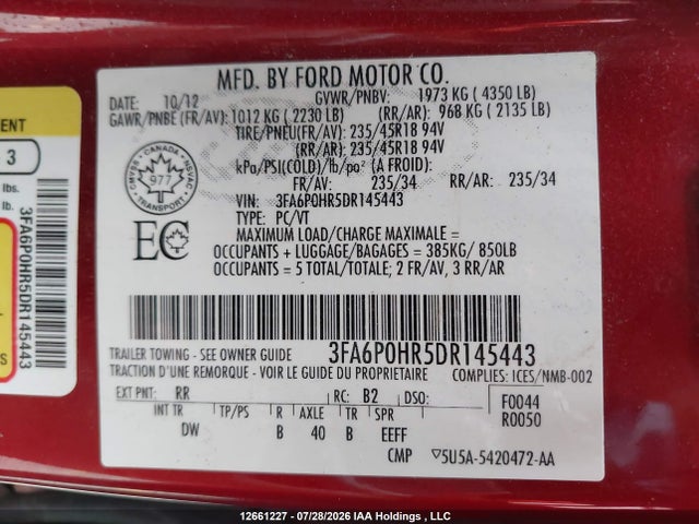 Продажа на аукционе авто 2013 Ford Fusion Se, vin: 3FA6P0HR5DR145443, номер лота: 12661227