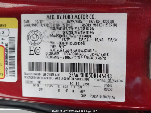 Продажа на аукционе авто 2013 Ford Fusion Se, vin: 3FA6P0HR5DR145443, номер лота: 12661227