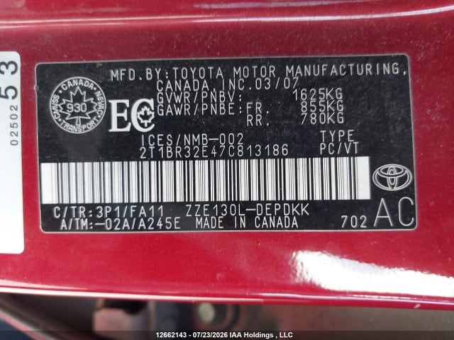 12662143 :رقم المزاد ، 2T1BR32E47C813186 vin ، 2007 Toyota Corolla Ce/le/sport مزاد بيع