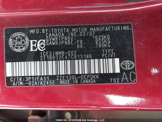 12662143 :رقم المزاد ، 2T1BR32E47C813186 vin ، 2007 Toyota Corolla Ce/le/sport مزاد بيع