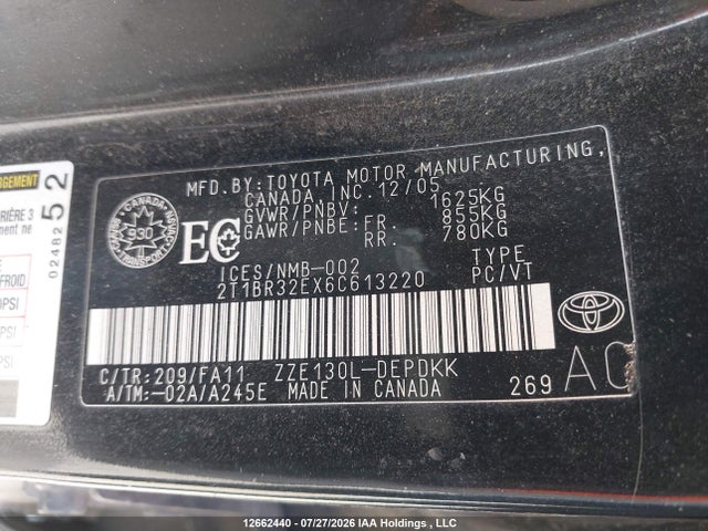 12662440 :رقم المزاد ، 2T1BR32EX6C613220 vin ، 2006 Toyota Corolla Ce/le/sport مزاد بيع
