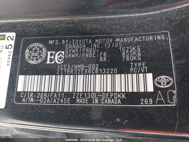 12662440 :رقم المزاد ، 2T1BR32EX6C613220 vin ، 2006 Toyota Corolla Ce/le/sport مزاد بيع