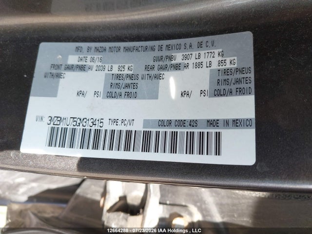 Aukcja sprzedaży 2016 Mazda Mazda3 G/gx, vin: 3MZBM1U75GM313415, numer aukcji: 12664288