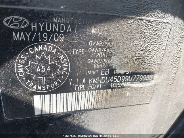 Aukcja sprzedaży 2009 Hyundai Elantra Gl/l, vin: KMHDU45D99U779988, numer aukcji: 12667555