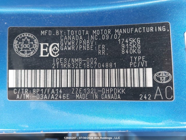 Aukcja sprzedaży 2008 Toyota Matrix Xr, vin: 2T1KR32E18C704881, numer aukcji: 12668207