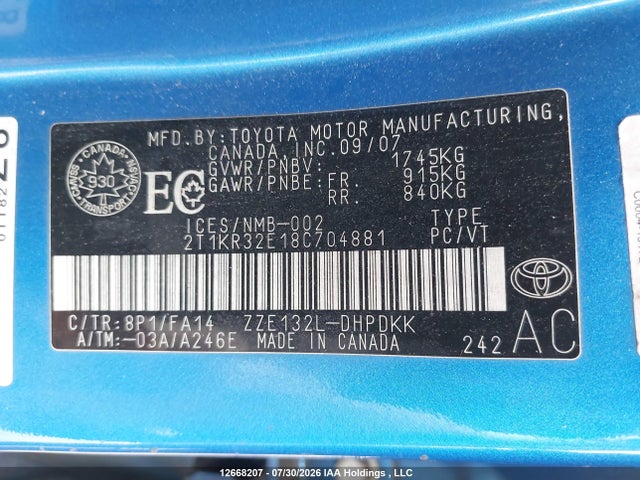 Aukcja sprzedaży 2008 Toyota Matrix Xr, vin: 2T1KR32E18C704881, numer aukcji: 12668207