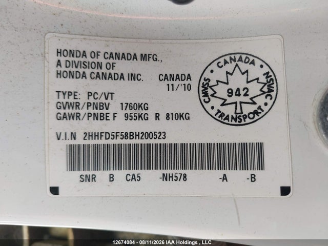 Aukcja sprzedaży 2011 Acura Csx, vin: 2HHFD5F58BH200523, numer aukcji: 12674084