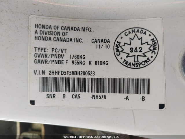 Aukcja sprzedaży 2011 Acura Csx, vin: 2HHFD5F58BH200523, numer aukcji: 12674084