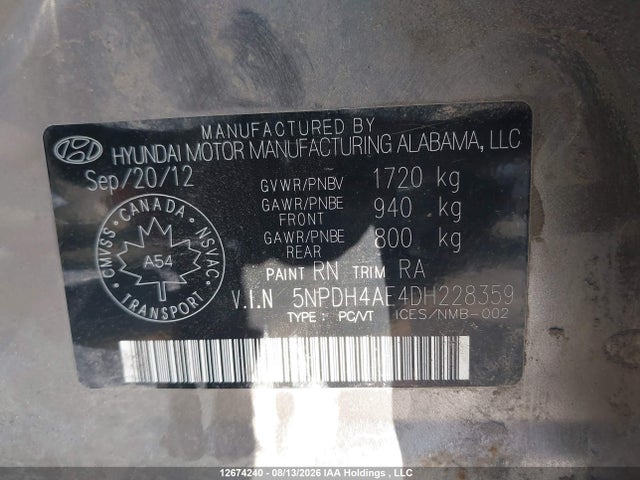 2013 Hyundai Elantra Gl მანქანა იყიდება აუქციონზე, vin: 5NPDH4AE4DH228359, აუქციონის ნომერი: 12674240