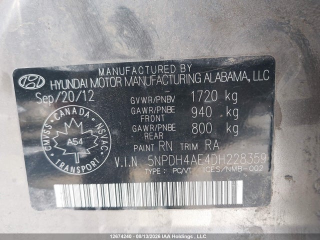 2013 Hyundai Elantra Gl მანქანა იყიდება აუქციონზე, vin: 5NPDH4AE4DH228359, აუქციონის ნომერი: 12674240