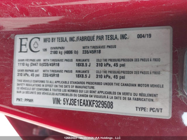5YJ3E1EAXKF329508 Tesla MODEL 3