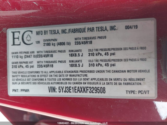 5YJ3E1EAXKF329508 Tesla MODEL 3