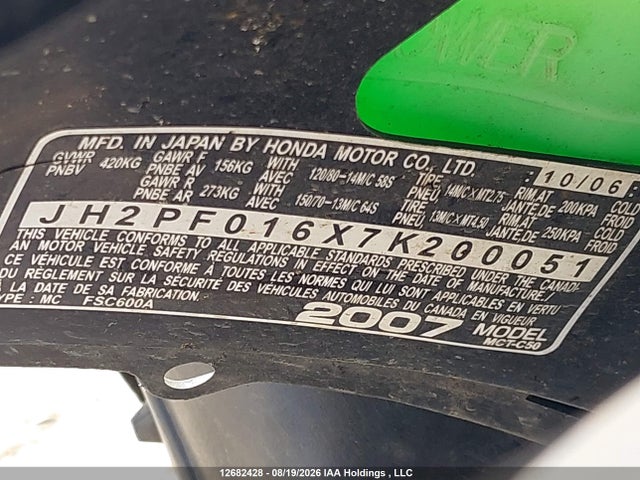 Продаж на аукціоні авто 2007 Honda Fsc600 A, vin: JH2PF016X7K200051, номер лоту: 12682428