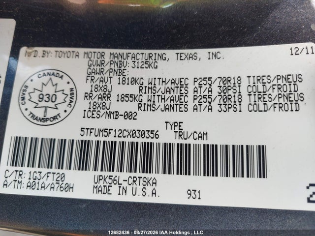 12682436 :رقم المزاد ، 5TFUM5F12CX030356 vin ، 2012 Toyota Tundra Double Cab Sr5 مزاد بيع