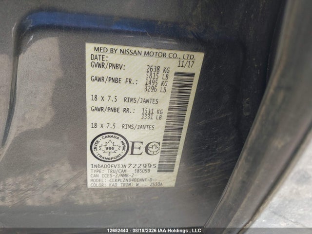 12682443 :رقم المزاد ، 1N6AD0FV3JN722995 vin ، 2018 Nissan Frontier Midnight Edition/pro-4x/sl/sv مزاد بيع