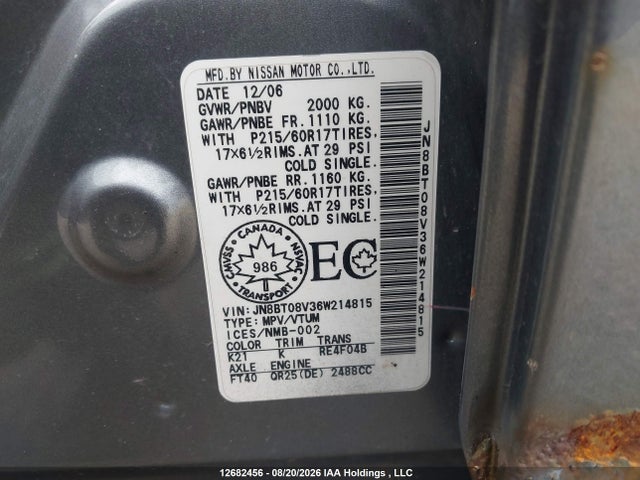 12682456 :رقم المزاد ، JN8BT08V36W214815 vin ، 2006 Nissan X-trail Xe/se مزاد بيع