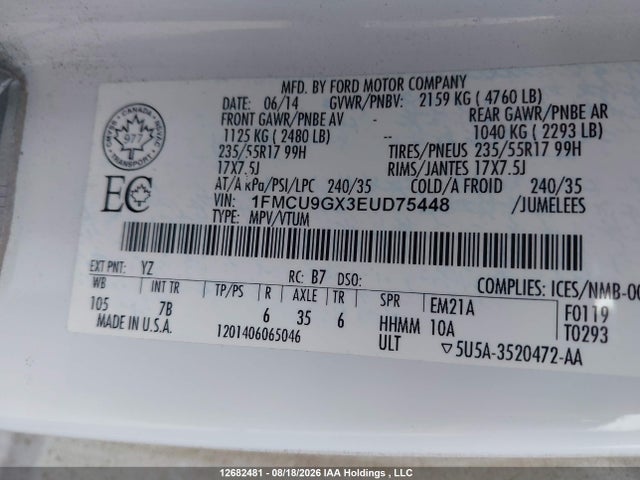 Aukcja sprzedaży 2014 Ford Escape Se, vin: 1FMCU9GX3EUD75448, numer aukcji: 12682481