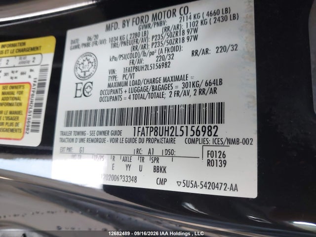 Продаж на аукціоні авто 2020 Ford Mustang, vin: 1FATP8UH2L5156982, номер лоту: 12682489