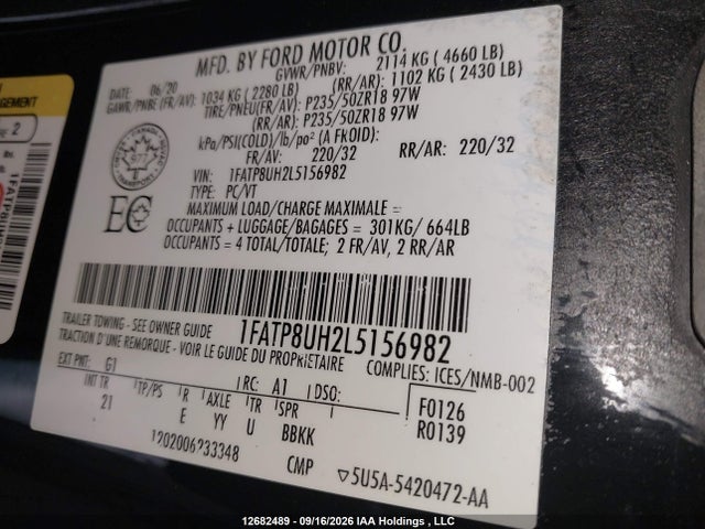 Продаж на аукціоні авто 2020 Ford Mustang, vin: 1FATP8UH2L5156982, номер лоту: 12682489