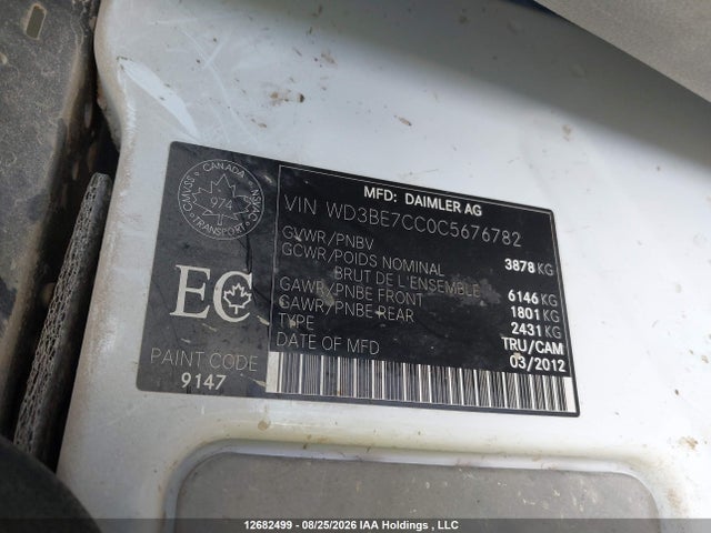 12682499 :رقم المزاد ، WD3BE7CC0C5676782 vin ، 2012 Mercedes-benz Sprinter 2500 مزاد بيع