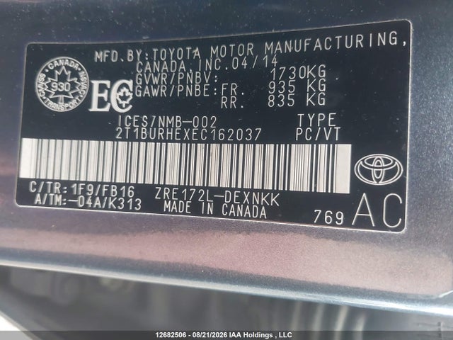 2T1BURHEXEC162037 Toyota Corolla L/le/le Pls/prm/s/s Pls