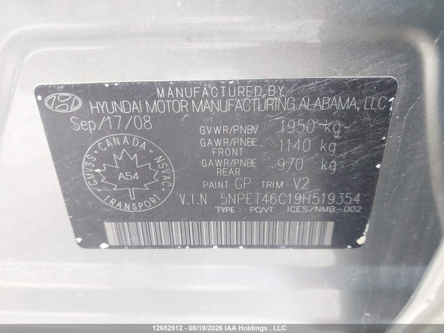 Продаж на аукціоні авто 2009 Hyundai Sonata Gls, vin: 5NPET46C19H519354, номер лоту: 12682512
