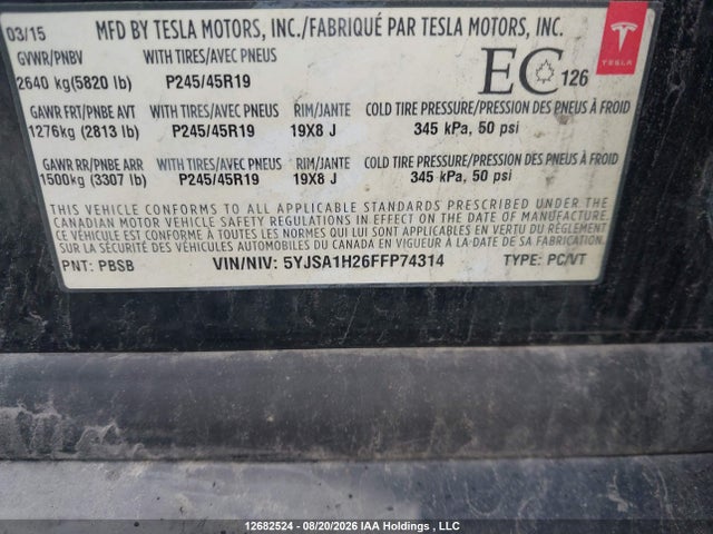 Tesla Model S 70d/85d/p85d 2015 5YJSA1H26FFP74314 Image 9