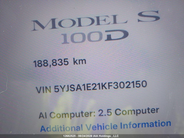 2019 Tesla Model S 100d/75d/long Range/p100d/standard Range მანქანა იყიდება აუქციონზე, vin: 5YJSA1E21KF302150, აუქციონის ნომერი: 12682525