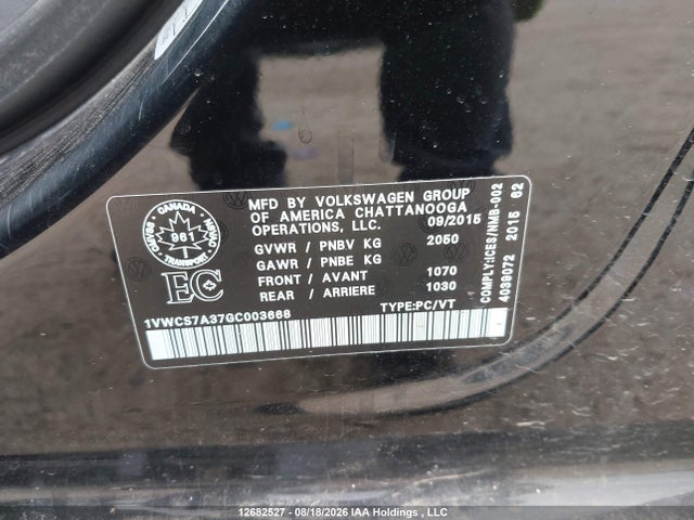 Продаж на аукціоні авто 2016 Volkswagen Passat 1.8 Tsi Highline, vin: 1VWCS7A37GC003668, номер лоту: 12682527