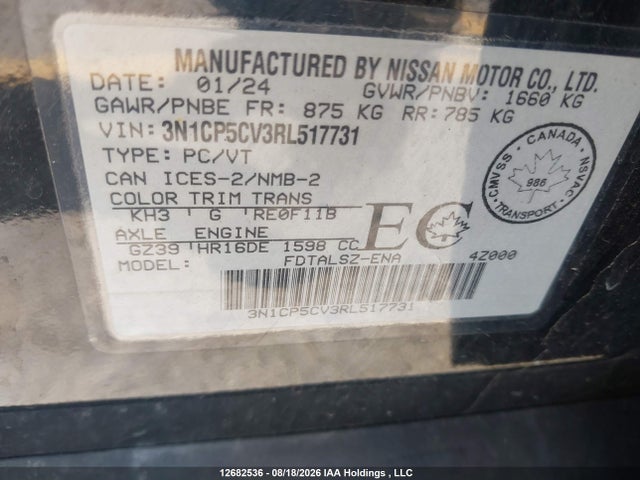 2024 Nissan Kicks Sv მანქანა იყიდება აუქციონზე, vin: 3N1CP5CV3RL517731, აუქციონის ნომერი: 12682536