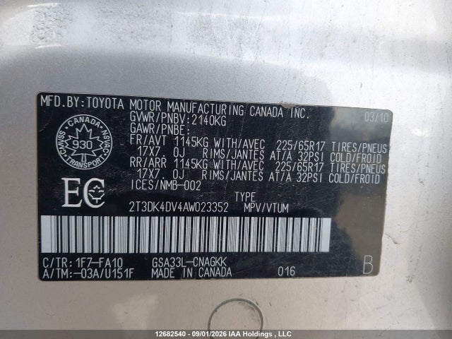12682540 :رقم المزاد ، 2T3DK4DV4AW023352 vin ، 2010 Toyota Rav4 Limited V6 مزاد بيع